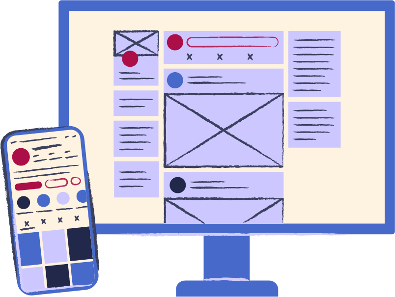 Illustration d'un téléphone avec l'application Instagram ouverte et d'un écran d'ordinateur avec une page LinkedIn ouverte