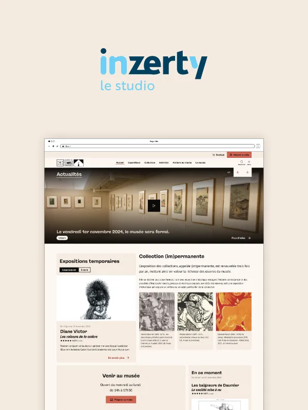 Logo Inzerty et maquette de la page d'accueil d'un musée