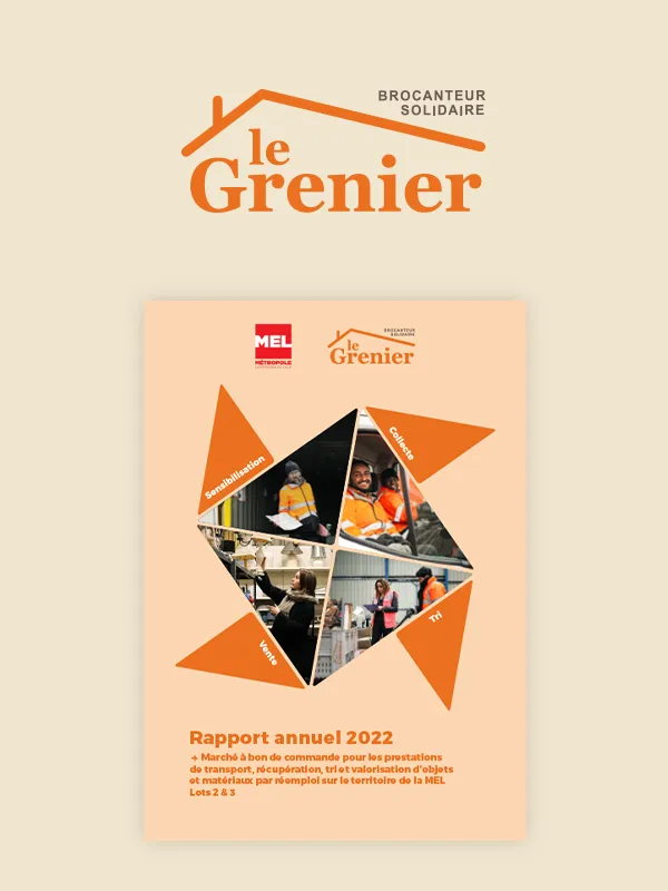 Logo Le Grenier et couverture du rapport d'activités annuel de 2022