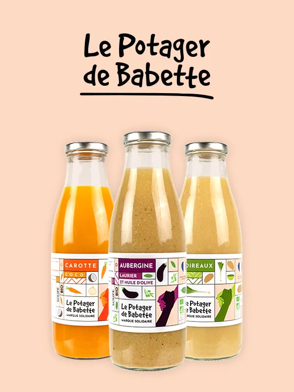 Logo Le Potager de Babette et 3 bouteilles de soupes avec le nouveau packaging